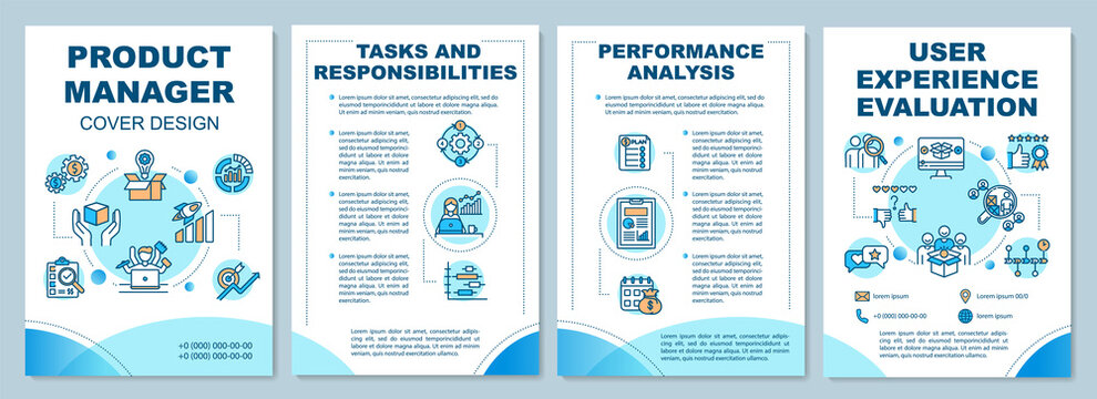 Product manager brochure template. Tasks and responsibilities. Flyer, booklet, leaflet print, cover design with linear icons. Vector layouts for magazines, annual reports, advertising posters