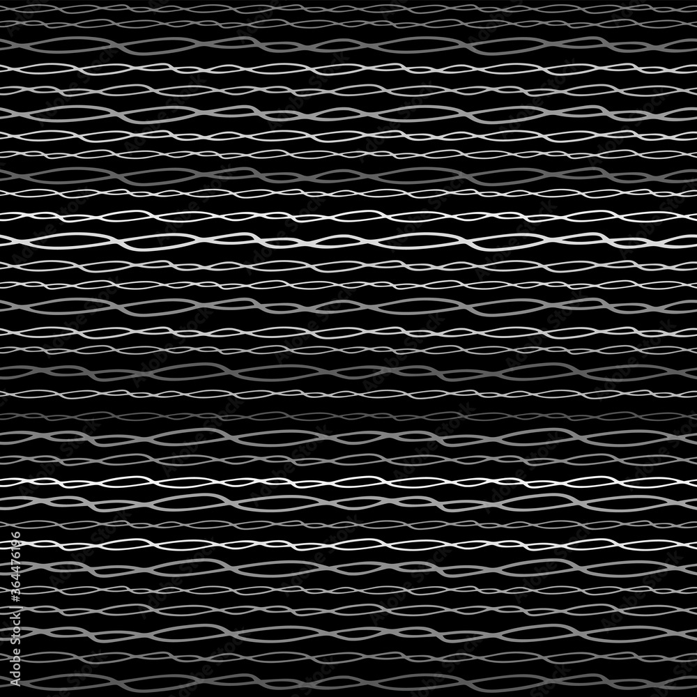 Poster Seamless Texture of Horizontal lines, vector pattern of digital waves, white stripes on black background, texture design template