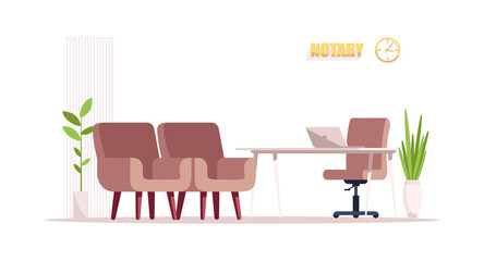 Empty notary office semi flat RGB color vector illustration. Desk and 3 chair for customer visit. Meeting room for consultation. Law office furniture isolated cartoon object on white background