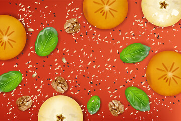 Apple and khaki fruit slices, walnut, spinach leaves, poppy and sesame seeds on red background. Healthy food composition