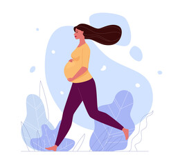 A beautiful pregnant woman is walking barefoot, hugging her big belly. Profile picture. Illustration. Vector in a flat cartoon style.