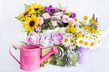 Home pot with green cactus flower.
