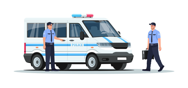 Police truck with guards semi flat RGB color vector illustration. Armored vehicle for enforcement. Van for emergency patrol. Police man isolated cartoon character on white background