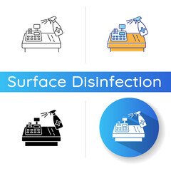 Shop counter disinfection icon. Linear black and RGB color styles. Public places decontamination, surface cleaning. Cash register and antibacterial spray isolated vector illustrations