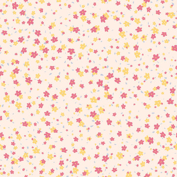 Vector seamless pattern with small pretty pink and yellow flowers on beige backdrop. Liberty style millefleurs. Simple floral background. Elegant ditsy ornament. Repeat minimal design for wallpapers