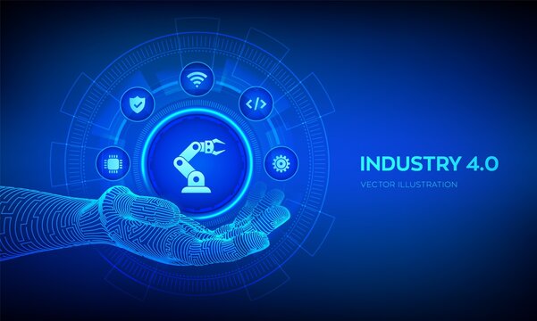 Smart Industry 4.0 Symbol In Robotic Hand. Factory Automation. Autonomous Industrial Technology Concept. Industrial Revolutions Steps. Vector Illustration.