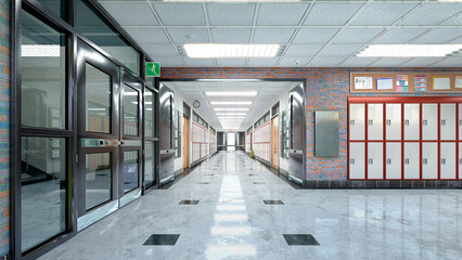 School hall and corridor interior. 3d illustration - obrazy, fototapety, plakaty