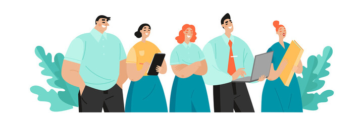 Flat vector concept illustration of a company employees posing together. Team of young happy office workers.