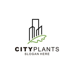 green city logo, building + leaf logo