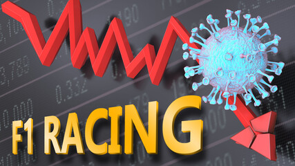 Covid virus and f1 racing, symbolized by a price stock graph falling down, the virus and word f1 racing to picture that corona outbreak impacts f1 racing in a negative way, 3d illustration