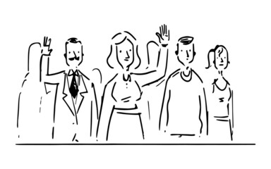 we see a group of people sitting and looking ahead, a man and a lady shaking hands,vector,cartoon.