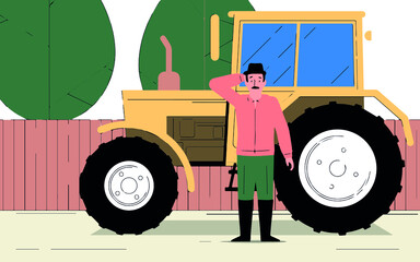 we see a farmer, the farmer holds his hand to his head, behind the farmer is a tractor and a wooden fence,vector. - 364478167