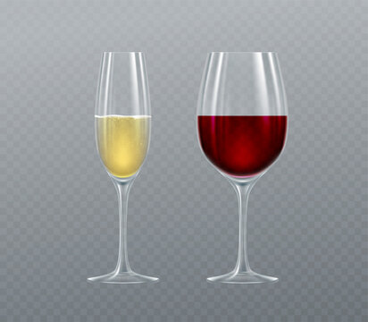 Realistic glasses of Champagne and Wine isolated on a transparent background. Vector illustration