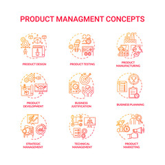 Product management red gradient concept icons set. Marketing strategy. Sales plan, commercial department. Business development idea thin line RGB color illustrations. Vector isolated outline drawings