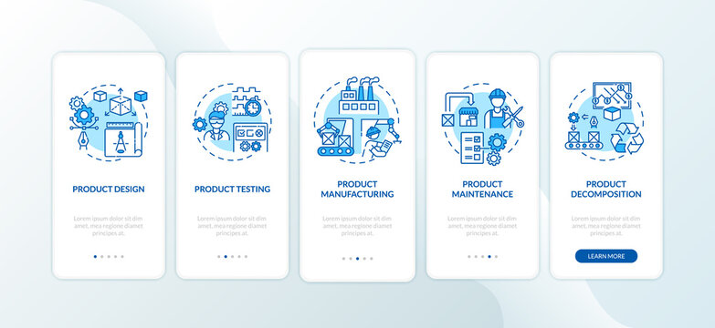 Product cycle onboarding mobile app page screen with concepts. Tech testing. Product maintenance walkthrough 5 steps graphic instructions. UI vector template with RGB color illustrations