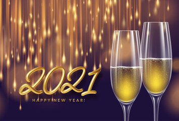 2021 Golden lettering New Year background with a bottle and glasses of champagne and glowing bokeh light. Vector illustration