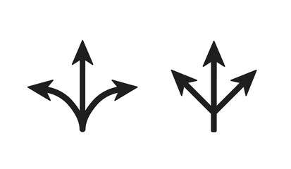 Three way arrows pointers. Symbol of direction and crossed roads road sign of intersection.