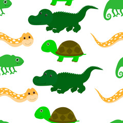 Seamless pattern Cute Animal Turtle Chameleon Crocodile Snake Vector Illustration