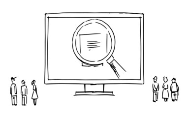 in this storyboard is a monitor on which is drawn a folder and a magnifying glass, people sit in parts and look at the screen, storyboard. - 364478908