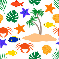 Seamless pattern summer sea beach palm trees sunglasses cream fish shells starfish crab umbrella vector illustration	