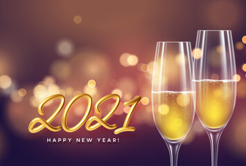 2021 Golden lettering New Year background with a bottle and glasses of champagne and glowing bokeh light. Vector illustration