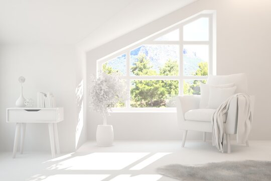 Idea of white stylish minimalist room with armchair and summer landscape in window. Trend of the year 2019. Scandinavian interior design. 3D illustration