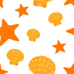 Seamless pattern yellow seashell orange starfish vector illustration