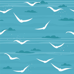 Seamless pattern, birds, clouds, hand drawn overlapping backdrop. Colorful background vector. Cute illustration, seagulls. Decorative wallpaper, good for printing