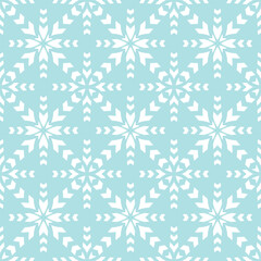 Vector geometric seamless pattern. Abstract ethnic texture with ornamental grid, mesh, lattice, cross shapes, snowflakes. Blue color. Winter style ornament background. Repeat design for print, decor