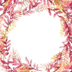 Autumn watercolor frame made of branches and leaves to decorate the celebration on a white background