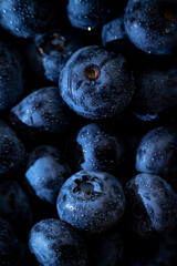 blueberries on white background, macro photo. berry background with water drops
