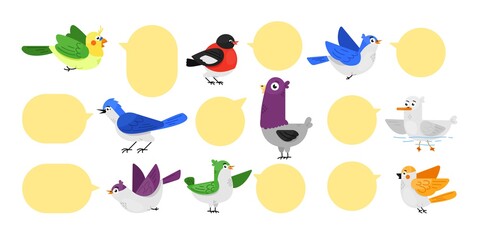 Bird label set. Isolated cute twitting bird animal cartoon character with blank speech bubble icon collection. Vector message label communication illustration
