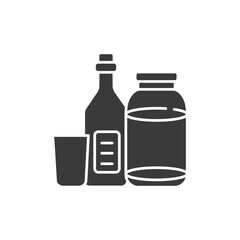 Recyclable glass tools glyph black icon. Kitchenware pictograms: bottle and jar, cup. Waste recycling. Garbage sorting. Eco friendly. UI UX GUI design element.