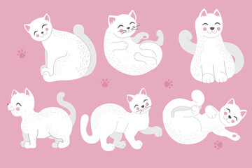 Set of different cartoon white cats. Vector illustration in doodle stile, isolated on white background.