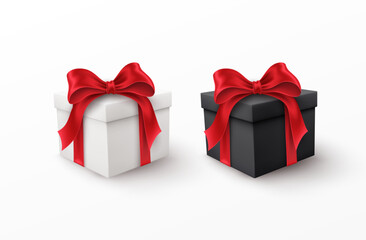 White and Black gift box with red silk bow isolated on a white background. Vector illustration