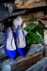 Blue elegant stiletto for ladies standing on wooden piles .