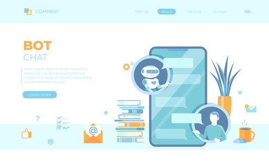 Chatbot, customer support, help services. Man chatting with chat bot by phone application. Artificial intelligence. Can use for web banner, landing page, web template.