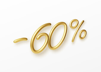 Realistic golden text 60 percent discount number. Vector illustration