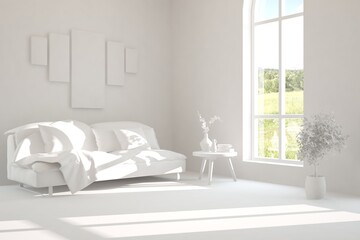 Stylish room in white color with sofa and green landscape in window. Scandinavian interior design. 3D illustration