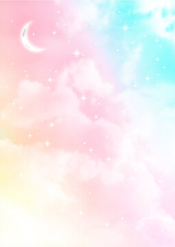 三日月と星とふわふわの雲　カラフルなパステルカラーの背景素材