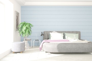 White stylish minimalist bedroom. Trend of the 2019 year. Scandinavian interior design. 3D illustration