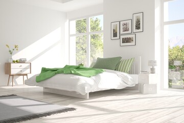 White stylish minimalist bedroom with summer landscape in window. tren of thr 2019 year. Scandinavian interior design. 3D illustration