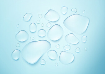 Realistic drops of pure water on a blue background. The real effect of transparency. Vector illustration