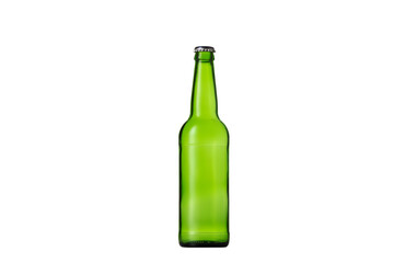 Empty green colored beer bottle. One object isolated on white studio background. Concept of beer, beverage, entertainment and alcohol. Copyspace for your bar, restaurant, brewery or shop advertising.