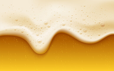 Realistic beer foam with bubbles. Beer glass with a cold drink. Background for bar design, oktoberfest flyers. Vector illustration