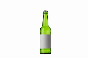 Empty green colored beer bottle. One object isolated on white studio background. Concept of beer, beverage, entertainment and alcohol. Copyspace for your bar, restaurant, brewery or shop advertising.