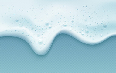 Soap foam with bubbles isolated on a blue transparent background. Shampoo bubbles texture. Vector illustration