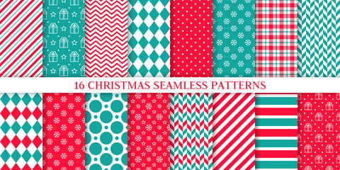 Christmas seamless pattern. Xmas, New year background. Vector. Endless texture with candy cane stripe, gift box, polka dot, snowflake, zigzag. Holiday prints. Set wrapping paper. Red blue illustration