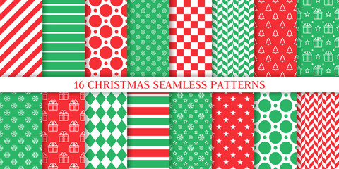 Xmas seamless pattern. Vector. Christmas, New year wrapping paper. Backgrounds with tree, gift box, snowflake, candy cane stripe, herringbone. Set noel textures. Festive print. Red green illustration