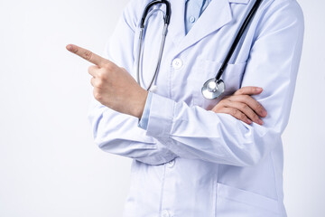 Female doctor body part with hand gesture, young woman physician with stethoscope isolated on white background, close up, cropped view, copy space